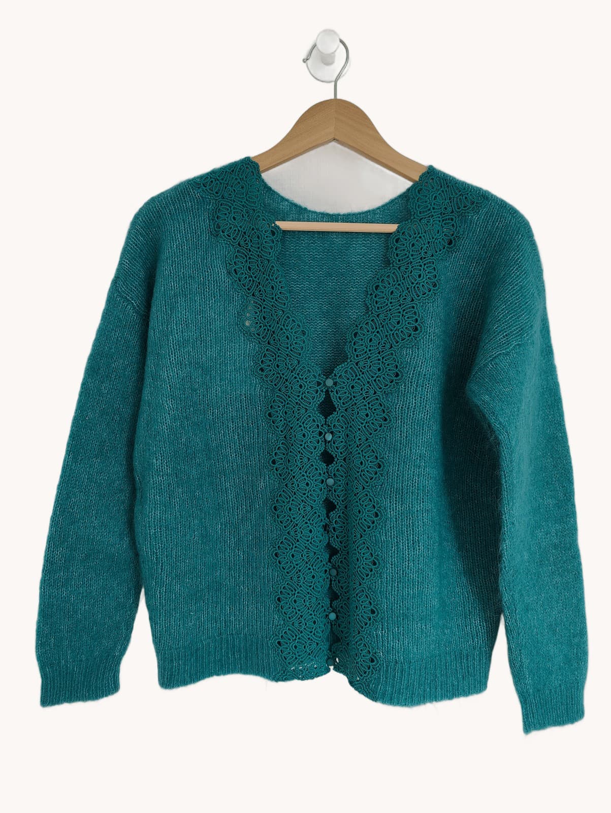 Duck blue mohair knit cardigan with lace trim — Sézane