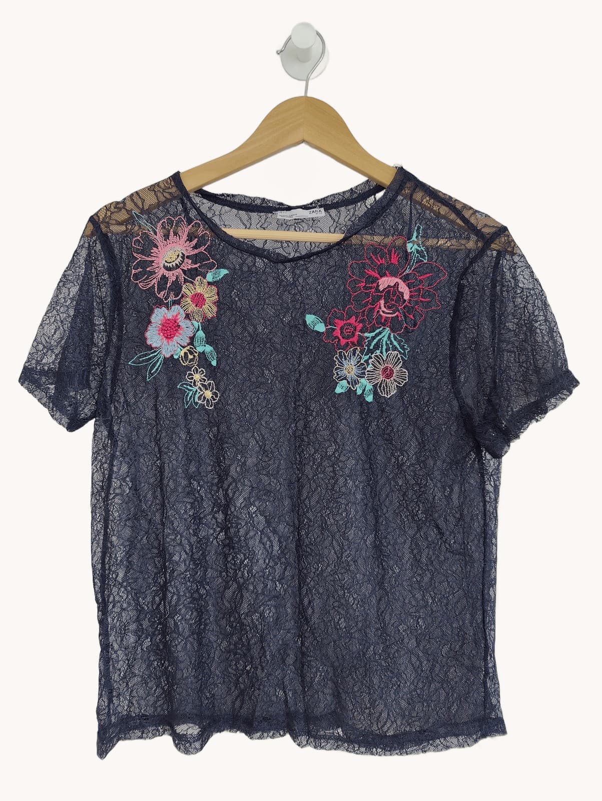 Top en dentelle bleu marine brodé fleurs Zara – Taille M — photo 1