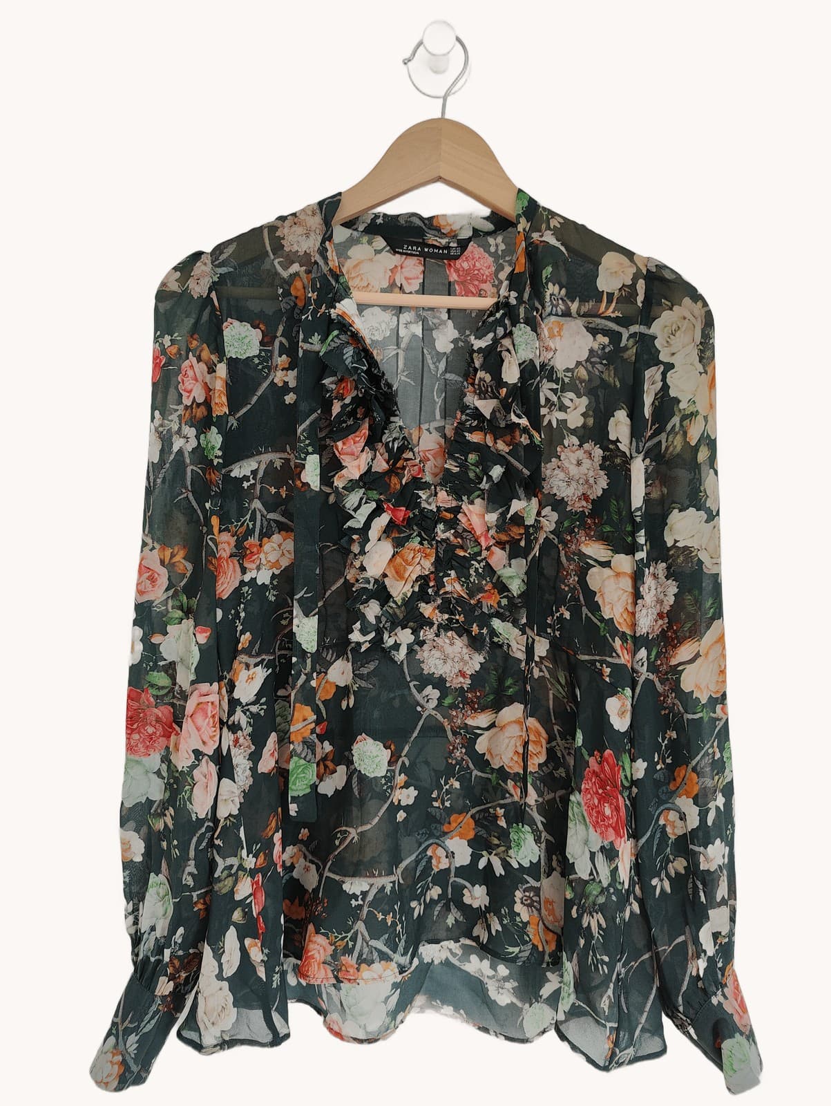 Blouse fleurie vert foncé en mousseline Zara – Taille XS — photo 1