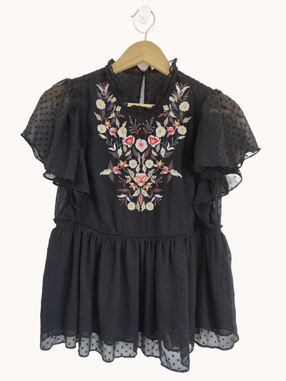 Blouse noire en plumetis brodée fleurs Zara – Taille M — photo 1
