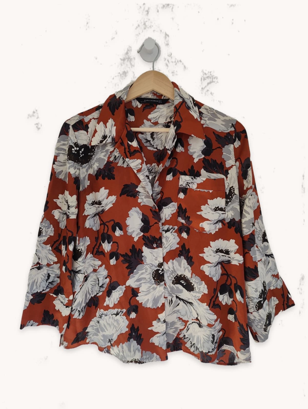 Rust and gray floral shirt with collar — Zara Woman
