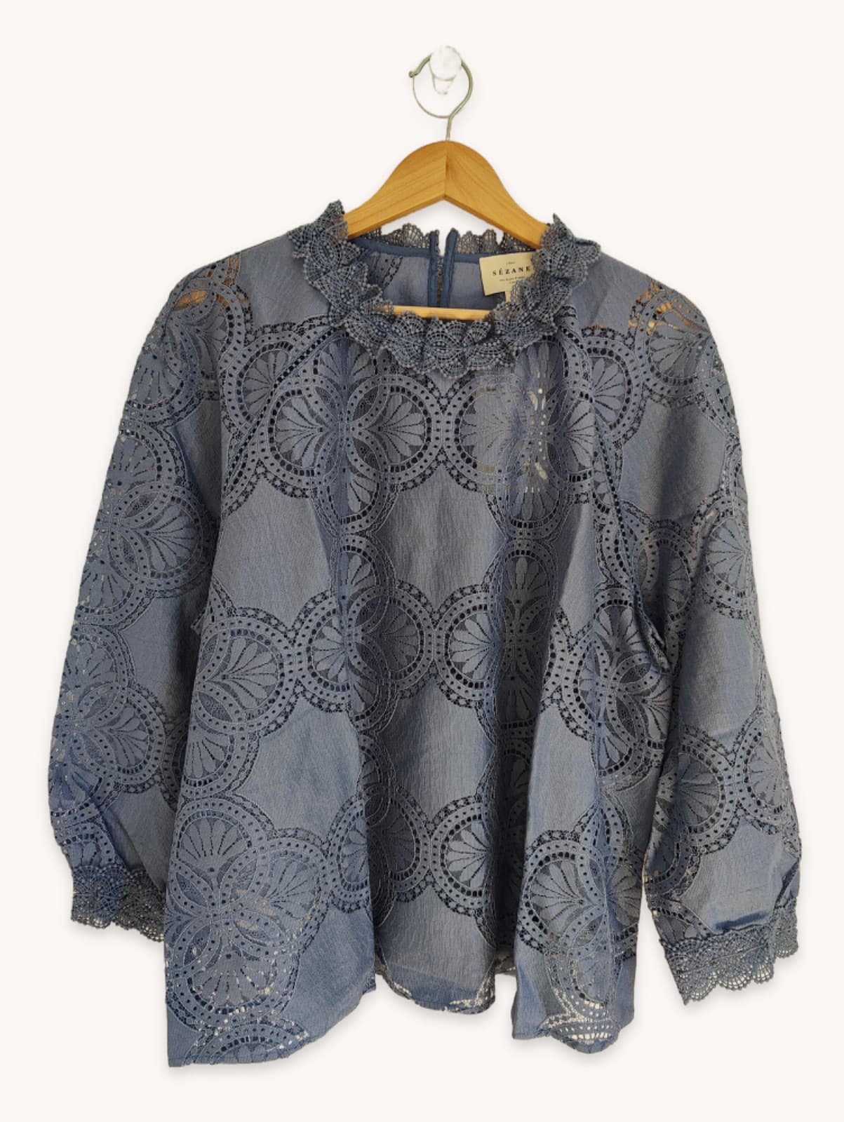 Sézane openwork lace blouse in slate blue – Size 48