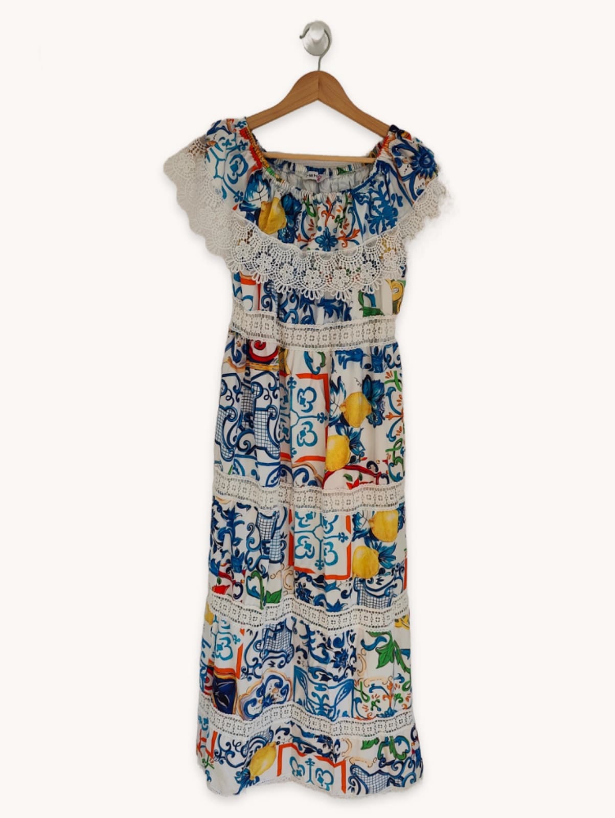 Jurk met bardothals en azulejos-print – Maat M